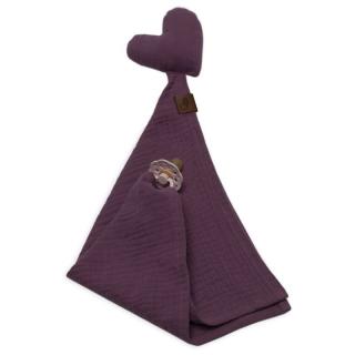 Hi Little One pieluszka, przytulanka doudou z zawieszką na smoczek BIO muślin HEART Lavender Mimisia.pl