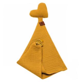 Hi Little One pieluszka, przytulanka doudou z zawieszką na smoczek BIO muślin HEART Mustard Mimisia.pl