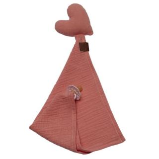 Hi Little One pieluszka, przytulanka doudou z zawieszką na smoczek BIO muślin HEART Salmon Mimisia.pl