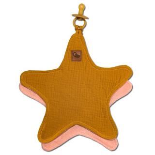 Hi Little One przytulanka doudou z zapachem mamy z zawieszką na smoczek BIO bawełna STAR Mustard Mimisia.pl