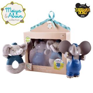 Meiya  Alvin - Zestaw prezentowy Baby Shower Set z miękką grzechotką i gryzakiem dźwiękowym z kauczuku Hevea Alvin Elephant Mimisia.pl