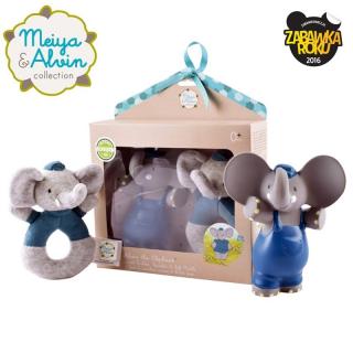 Topmark Meiya  Alvin - Zestaw prezentowy Baby Shower Set z miękką grzechotką i gryzakiem dźwiękowym z kauczuku Hevea Alvin Elephant