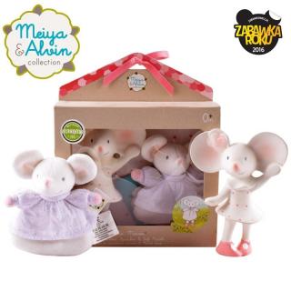 Topmark Meiya  Alvin - Zestaw prezentowy Baby Shower Set z miękką grzechotką i gryzakiem dźwiękowym z kauczuku Hevea Meiya Mouse