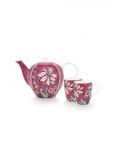 Duży porcelanowy 2 osobowy zestaw do herbaty Flower festival dark pink