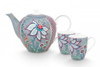 Duży porcelanowy zestaw do herbaty dla 2 osób Flower festival light blue