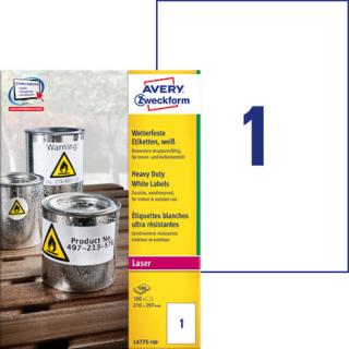 AVERY ZWECKFORM - Etykiety Heavy Duty, A4, 100 ark./op., 210 x 297 mm, białe, poliestrowe - L4775-100