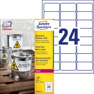 AVERY ZWECKFORM - Etykiety Heavy Duty, A4, 100 ark./op., 63,5 x 33,9 mm, białe, poliestrowe - L4773-100