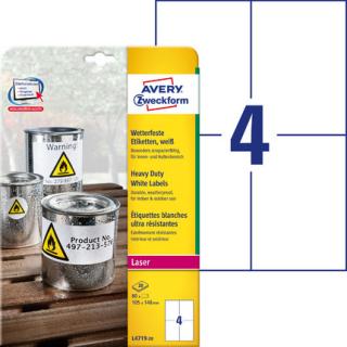 AVERY ZWECKFORM - Etykiety Heavy Duty, A4, 20 ark./op., 105 x 148 mm, białe, poliestrowe - L4719-20