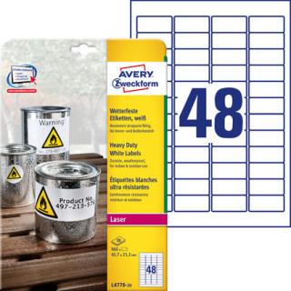 AVERY ZWECKFORM - Etykiety Heavy Duty, A4, 20 ark./op., 45,7 x 21,2 mm, białe, poliestrowe - L4778-20