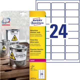 AVERY ZWECKFORM - Etykiety Heavy Duty, A4, 20 ark./op., 63,5 x 33,9 mm, białe, poliestrowe - L4773-20