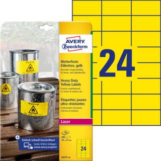 AVERY ZWECKFORM - Etykiety Heavy Duty, A4, 20 ark./op., 70 x 37 mm, żółte, poliestrowe - L6131-20