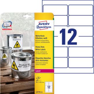 AVERY ZWECKFORM - Etykiety Heavy Duty, A4, 20 ark./op., 99,1 x 42,3 mm, białe, poliestrowe - L4776-20