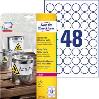 AVERY ZWECKFORM - Etykiety Heavy Duty, A4, 20 ark./op., Ø30mm, białe, poliestrowe - L4716-20