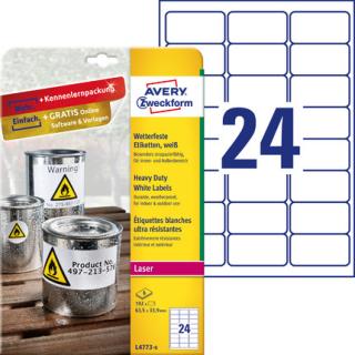 AVERY ZWECKFORM - Etykiety Heavy Duty, A4, 8 ark./op., 63,5 x 33,9 mm, białe, poliestrowe - L4773-8