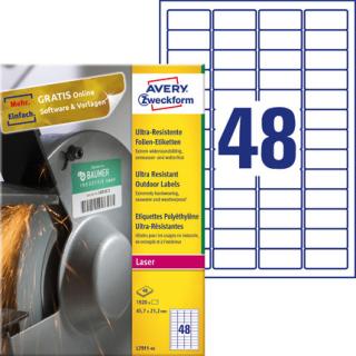 AVERY ZWECKFORM - Etykiety polietylenowe ultra resistant, A4, 40 ark./op., 45,7x21,2mm - L7911-40