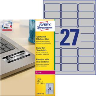 AVERY ZWECKFORM - Etykiety znamionowe srebrne, A4, 100 ark./op., 63,5 x 29,6 mm, srebrne, poliestrowe - L6011-100