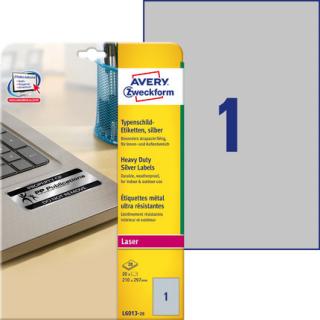 AVERY ZWECKFORM - Etykiety znamionowe srebrne, A4, 20 ark./op., 210 x 297 mm, srebrne, poliestrowe - L6013-20