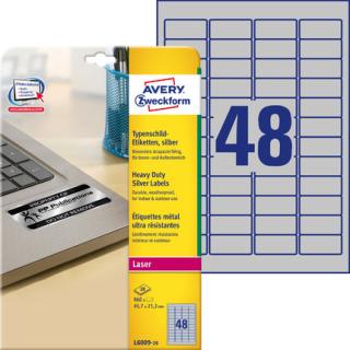 AVERY ZWECKFORM - Etykiety znamionowe srebrne, A4, 20 ark./op., 45,7 x 21,2 mm, srebrne, poliestrowe - L6009-20