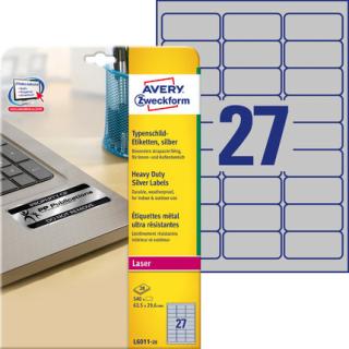 AVERY ZWECKFORM - Etykiety znamionowe srebrne, A4, 20 ark./op., 63,5 x 29,6 mm, srebrne, poliestrowe - L6011-20