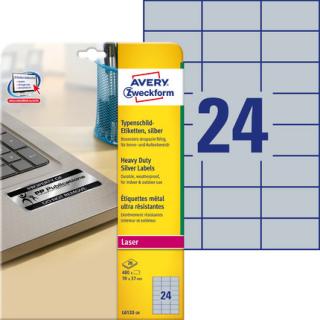 AVERY ZWECKFORM - Etykiety znamionowe srebrne, A4, 20 ark./op., 70 x 37 mm, srebrne, poliestrowe - L6133-20