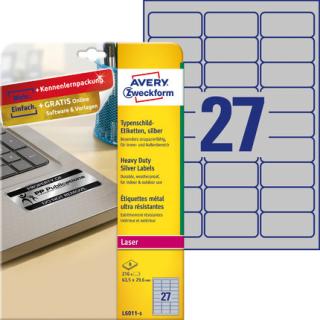 AVERY ZWECKFORM - Etykiety znamionowe srebrne, A4, 8 ark./op., 63,5 x 29,6 mm, srebrne, poliestrowe - L6011-8