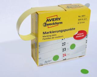 AVERY ZWECKFORM - Kółka samoprzylepne, średnica 10mm, dyspenser, 800szt/op., zielone - 3851