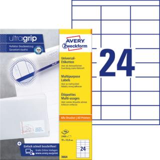 AVERY ZWECKFORM - Trwałe etykiety uniwersalne, A4, 2400 ark./op., 70 x 33,8 mm, białe - 3664