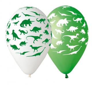 Balony gumowe dinozaury 12"/5 szt 30610 zielone, białe, żółte, pomarańczowe