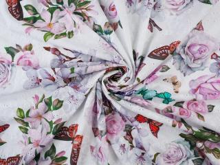 Bawełna ażurowa - Motyle i różowe kwiaty