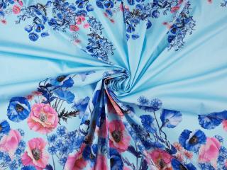 Bawełna elastyczna - Niebieskie i różowe maki z chabrami [panel 1,35 m]