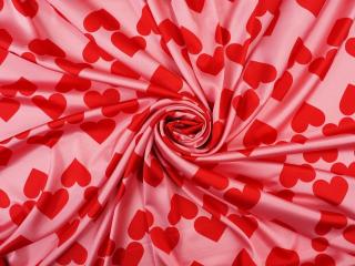 Jedwab elastyczny satyna - Czerwone serca na różu