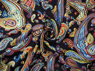Jedwab krepa - Kolorowy paisley na czerni