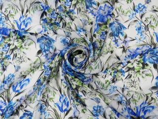 Jedwab szyfon - Niebieskie kwiaty na bieli
