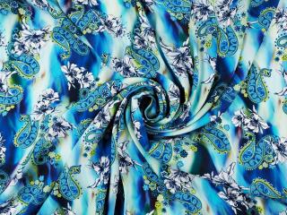 Wiskoza krepa - Niebieski paisley i kwiaty