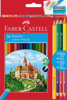 KREDKI ZAMEK 36 KOL.+3 KREDKI DWUSTRONNE+OŁÓWEK+TEMPERÓWKA FABER-CASTELL 110336 FC