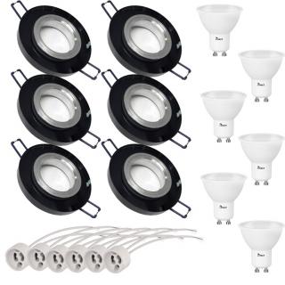 6x Oprawa halogenowa szklana czarna + LED GU10 5W