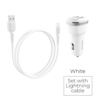 Borofone ładowarka samochodowa 2xUSB kabel Lightning w zestawie biały