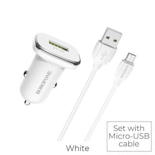 Borofone ładowarka samochodowa USB z QC3.0 i kablem micro USB w zestawie biały