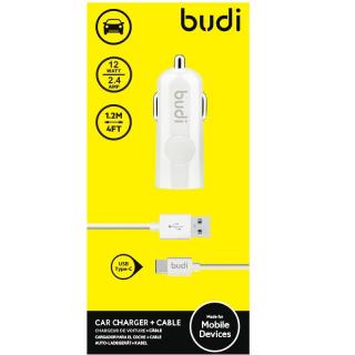 Budi Ładowarka samochodowa USB 12W z kablem USB-C w zestawie biała