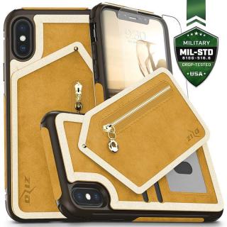 Zizo Nebula Wallet Case - Skórzane etui iPhone X z kieszeniami na karty + szkło na ekran (jasny brąz)