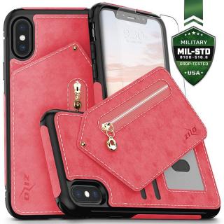 Zizo Nebula Wallet Case - Skórzane etui iPhone X z kieszeniami na karty + szkło na ekran (różowe)