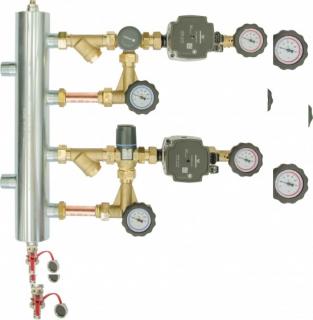 AFRISO Zestaw mieszający ze sprzęgłem hydraulicznym BPS 961, człon z zaworem obrotowym ARV 362 i termostatycznym ATM 561, pompy Grundfos UPM3