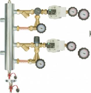 AFRISO Zestaw mieszający ze sprzęgłem hydraulicznym BPS 972, człon z zaworem obrotowym ARV 362 i termostatycznym ATM 561, pompy Wilo Para SC
