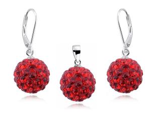 Elegancki wiszący srebrny komplet czerwone kuleczki Swarovski 12mm shamballa srebro 925
