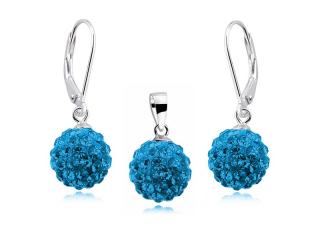 Elegancki wiszący srebrny komplet kuleczki capri blue Swarovski 10mm shamballa srebro 925