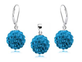 Elegancki wiszący srebrny komplet kuleczki capri blue Swarovski 12mm shamballa srebro 925