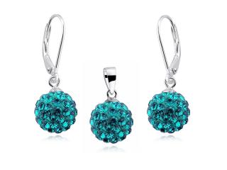 Elegancki wiszący srebrny komplet kuleczki Swarovski blue zircon 10mm shamballa srebro 925