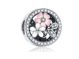 Rodowany otwierany srebrny charms do pandora kwiatki flowers blokada lock cyrkonie srebro 925