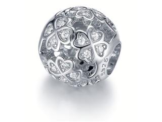 Rodowany srebrny charms do pandora kulka koniczynka lucky cyrkonie srebro 925