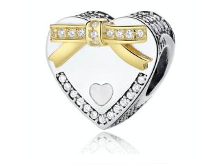 Rodowany srebrny charms do pandora serce heart kokarda prezent cyrkonie srebro 925